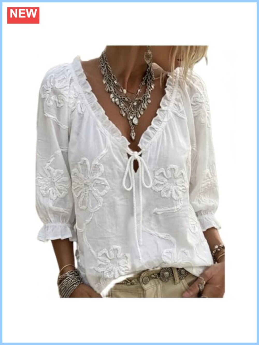 Boho Tie Front Eyelet Embroidered Blouse Short Sleeve Summer Top